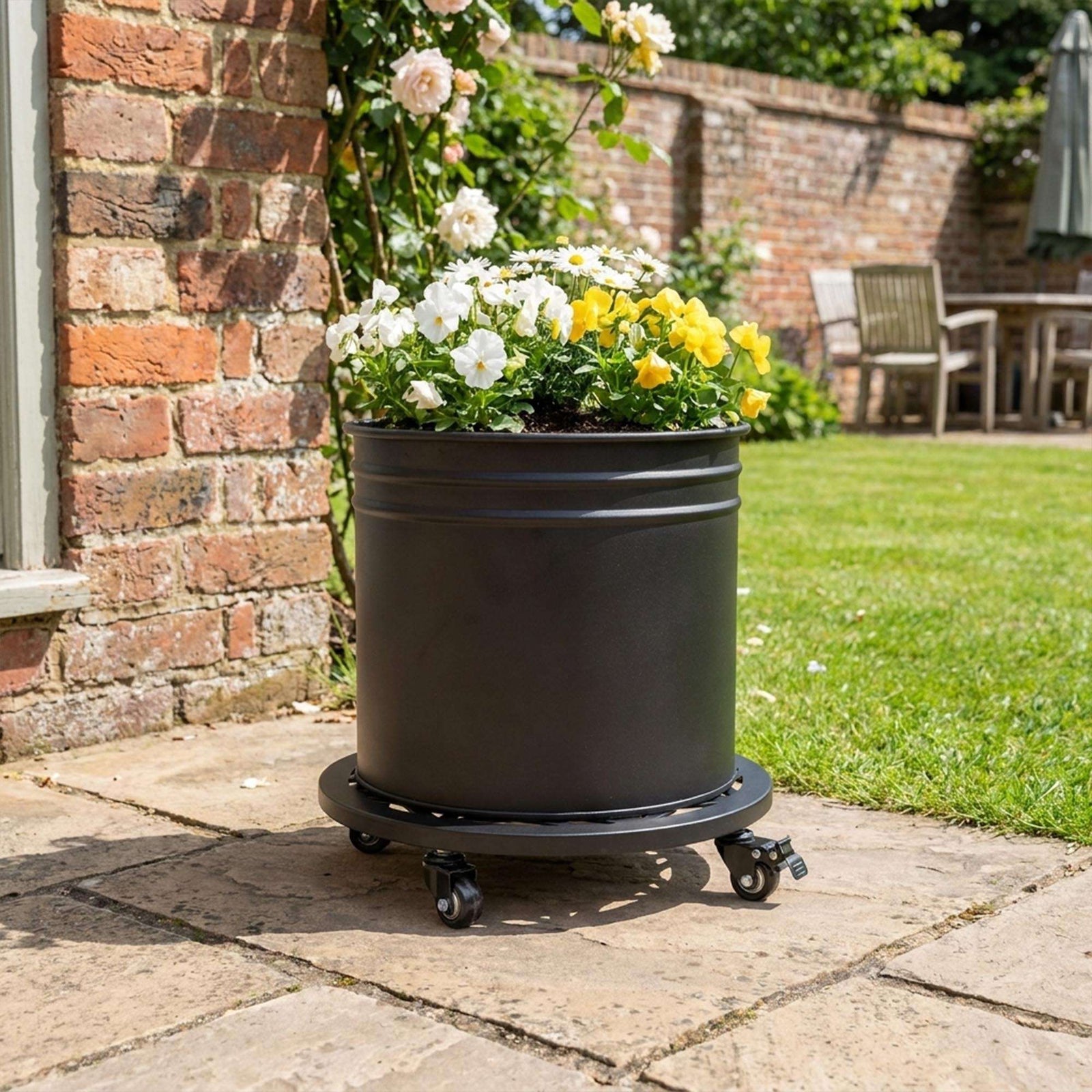 Metal Piot Caddy Stand With Lockable Wheels - Pack Of 2 | 25cm | Black
