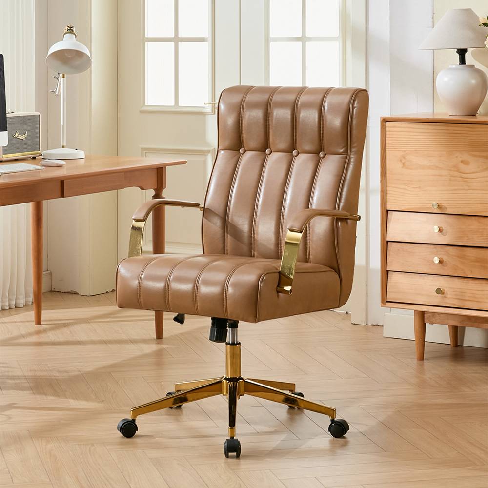 Pu Leather Office Chair With Gold Armrests, Adjustable Height & Tilt, Swivel Base | Brown