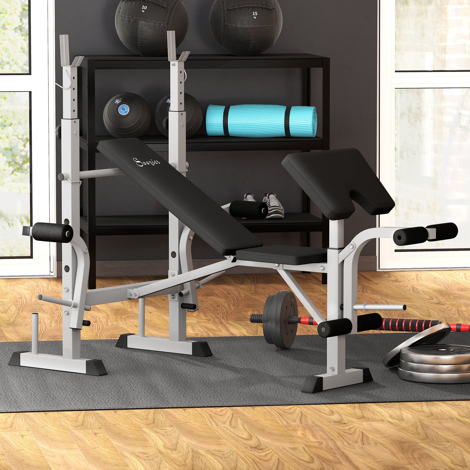 Adjustable Weight Bench With Squat Rack, Leg Developer, Grey