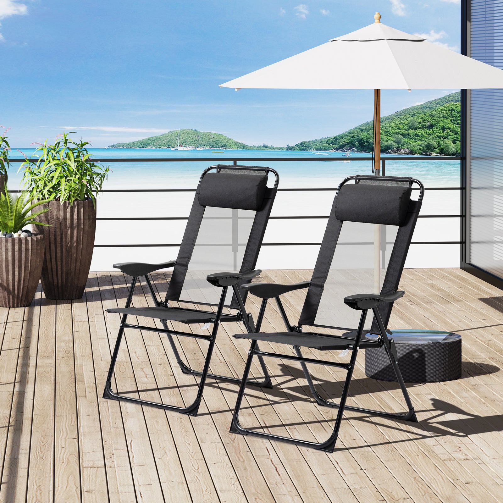 2 Pcs Folding Recliner Chairs With Adjustable Backrest | Black