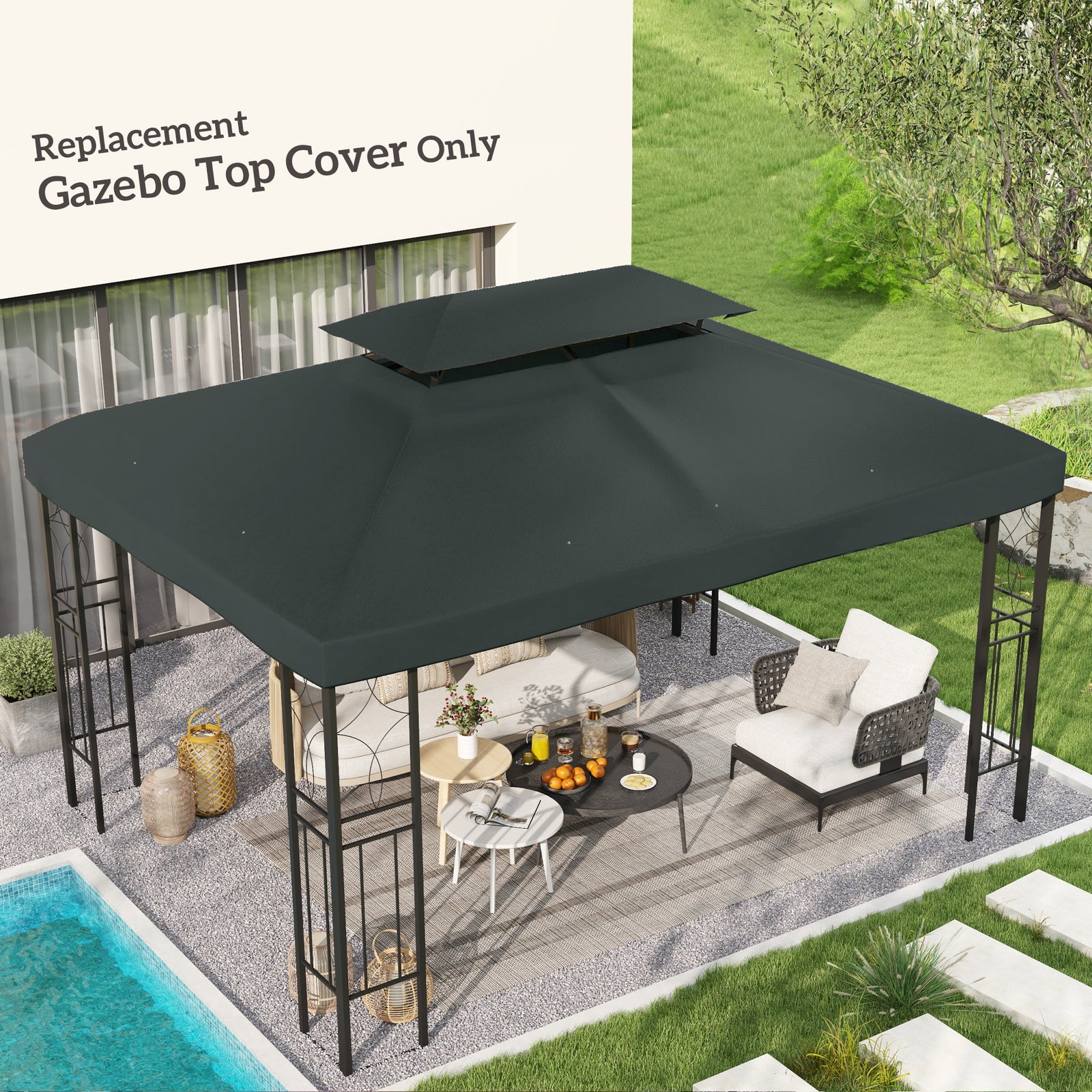 3x4m Gazebo Replacement Roof Canopy 2 Tier Top Uv Cover | Charcoal Gray