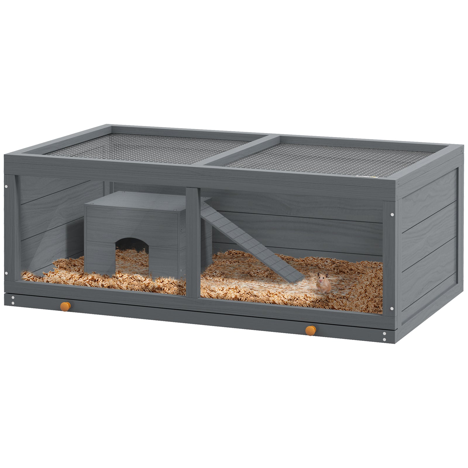 Pawhut Wooden Hamster Cage With Sliding Tray, Openable Top, Hut | Gray