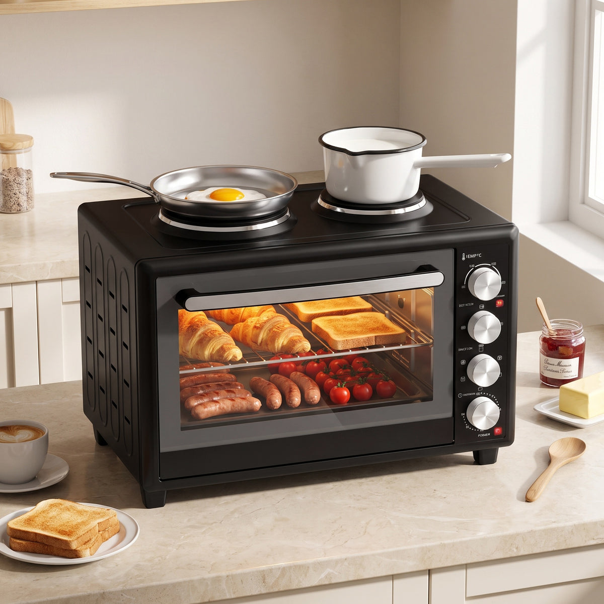 Mini Oven With Dual Hot Plates, Electric Countertop Cooker | 46l | Black