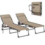 Folding Sun Loungers With 5-level Back, Cup Holder | Beige