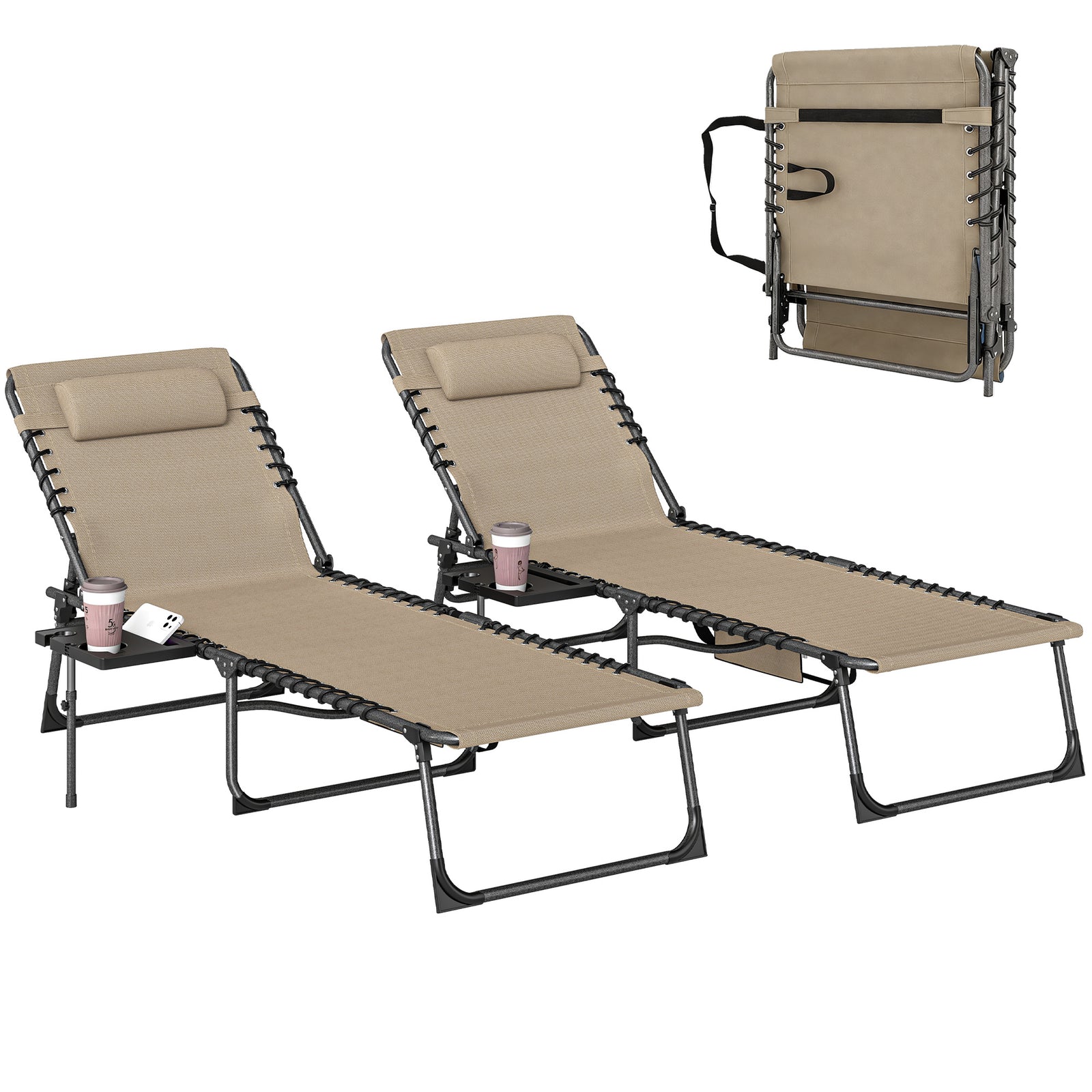 Folding Sun Loungers With 5-level Back, Cup Holder | Beige