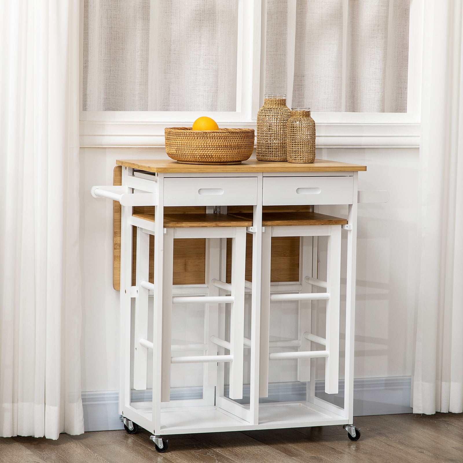 Drop Leaf Bamboo Breakfast Cart With Two Kitchen Stools