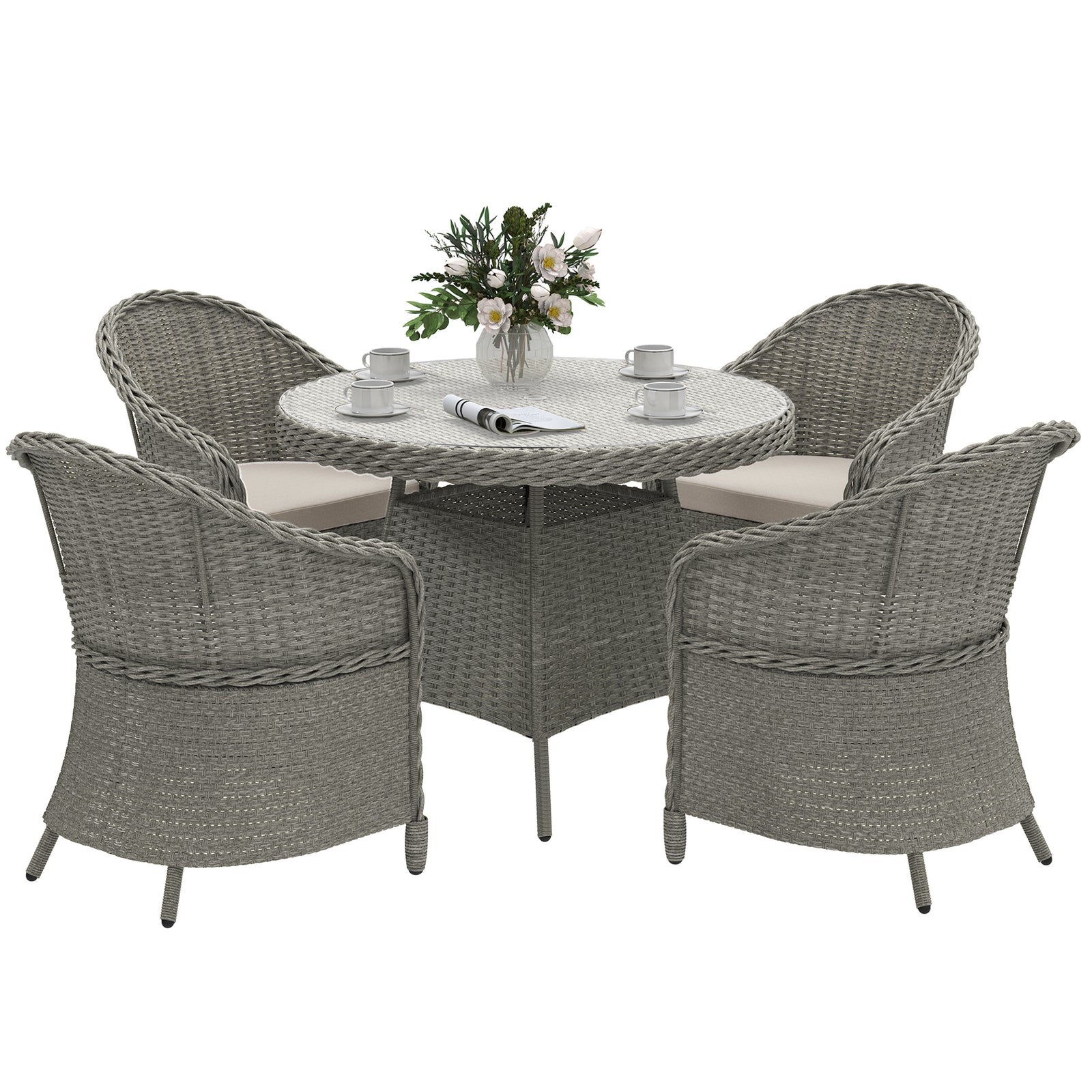 Rattan Dining Set For 4 With Cushions And Umbrella Hole