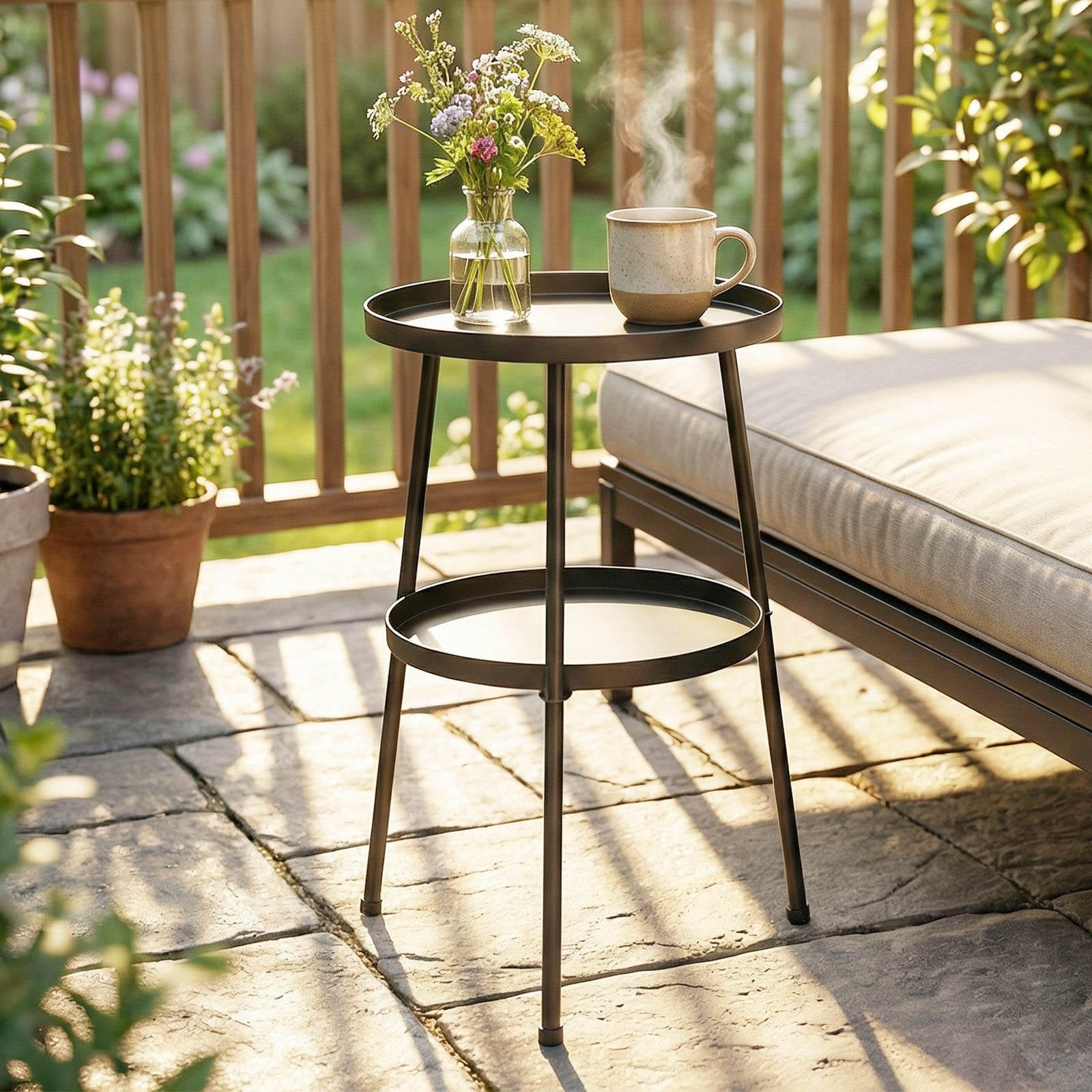 Patio Side Table, 2-tier Round Coffee End Table | Black