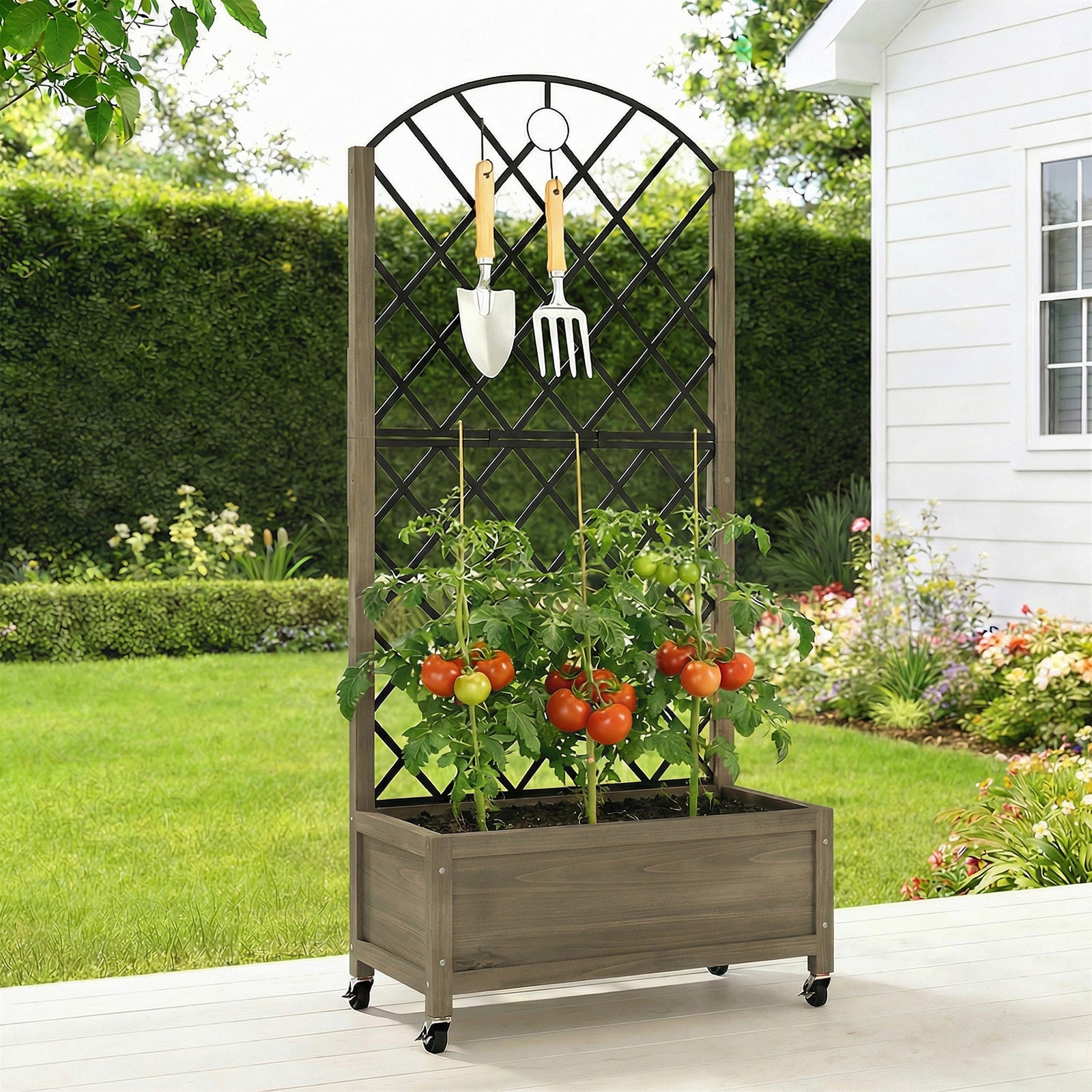 Garden Bed W/metal Trellis, Wooden Elevated Planter Box | Dark Brown