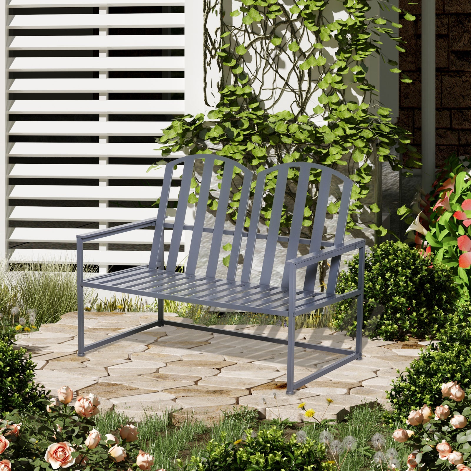 Steel Patio Garden Bench Loveseats Grey