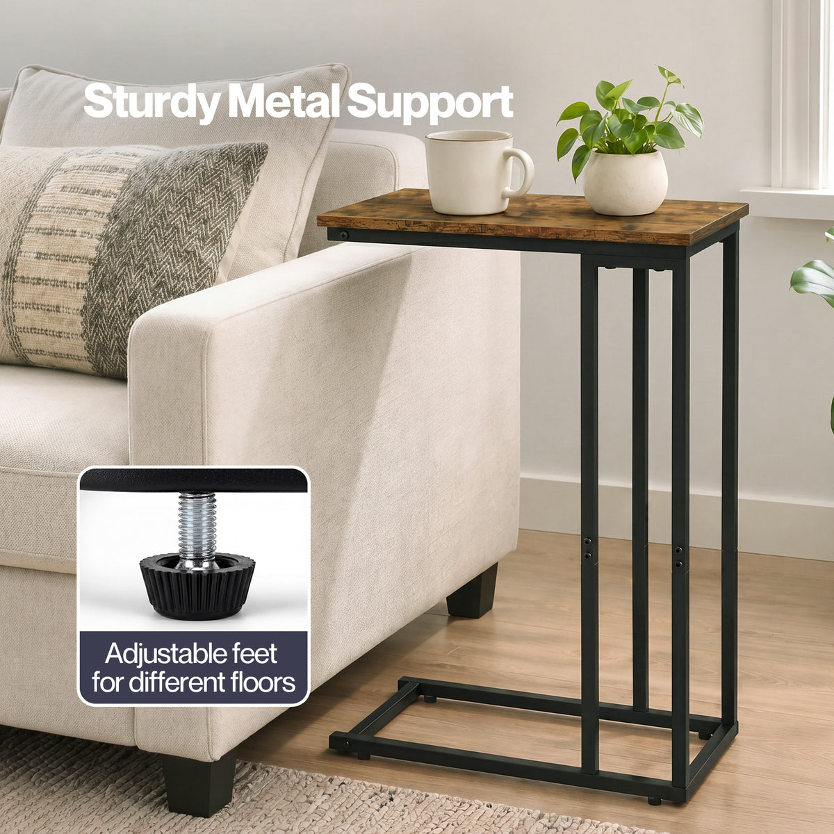 Levede Side Table C Shaped Space Saving For Sofa Bedroom Rustic Brown