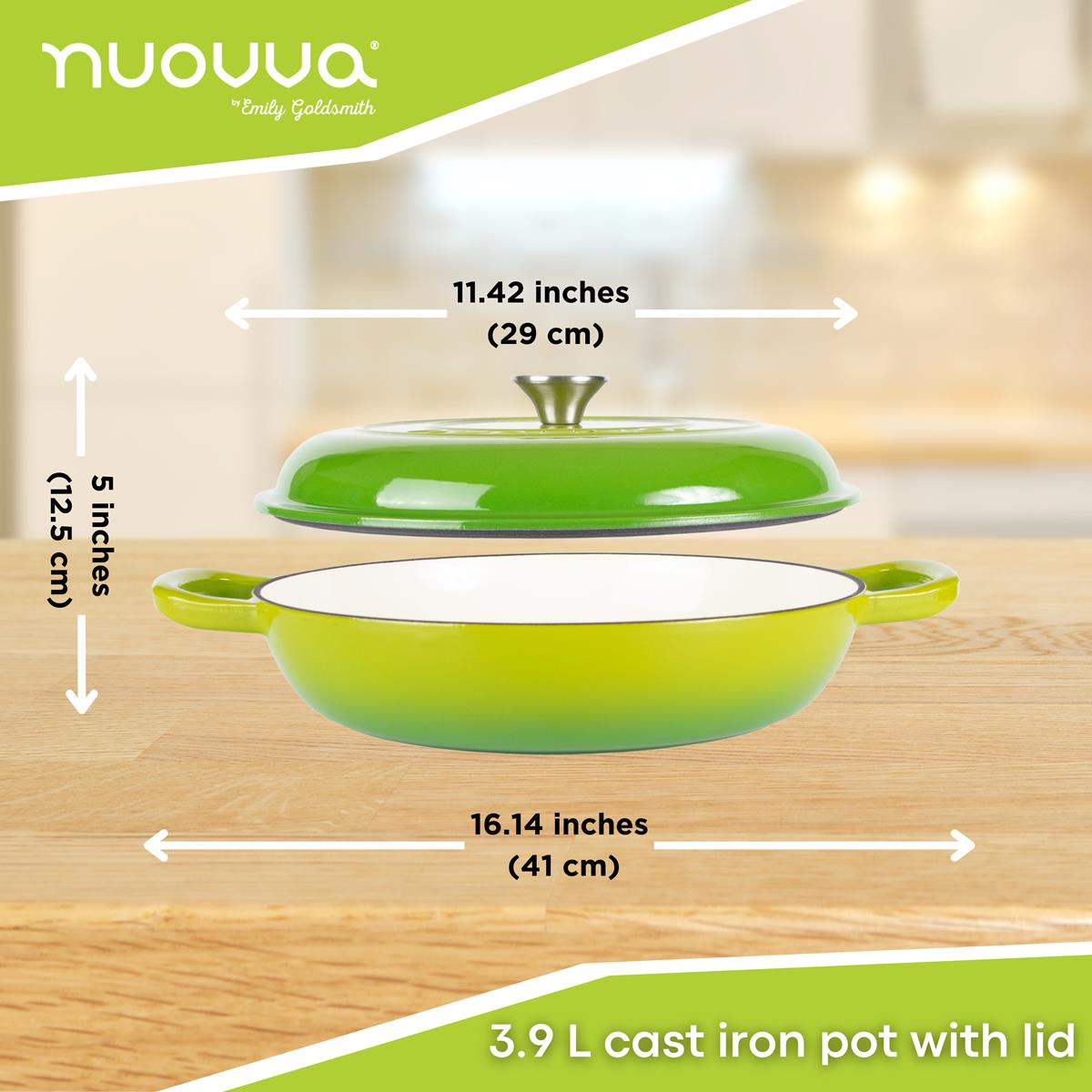 Shallow Cast Iron Casserole Pot With Lid  - 30cm , 3.7-quart | Green