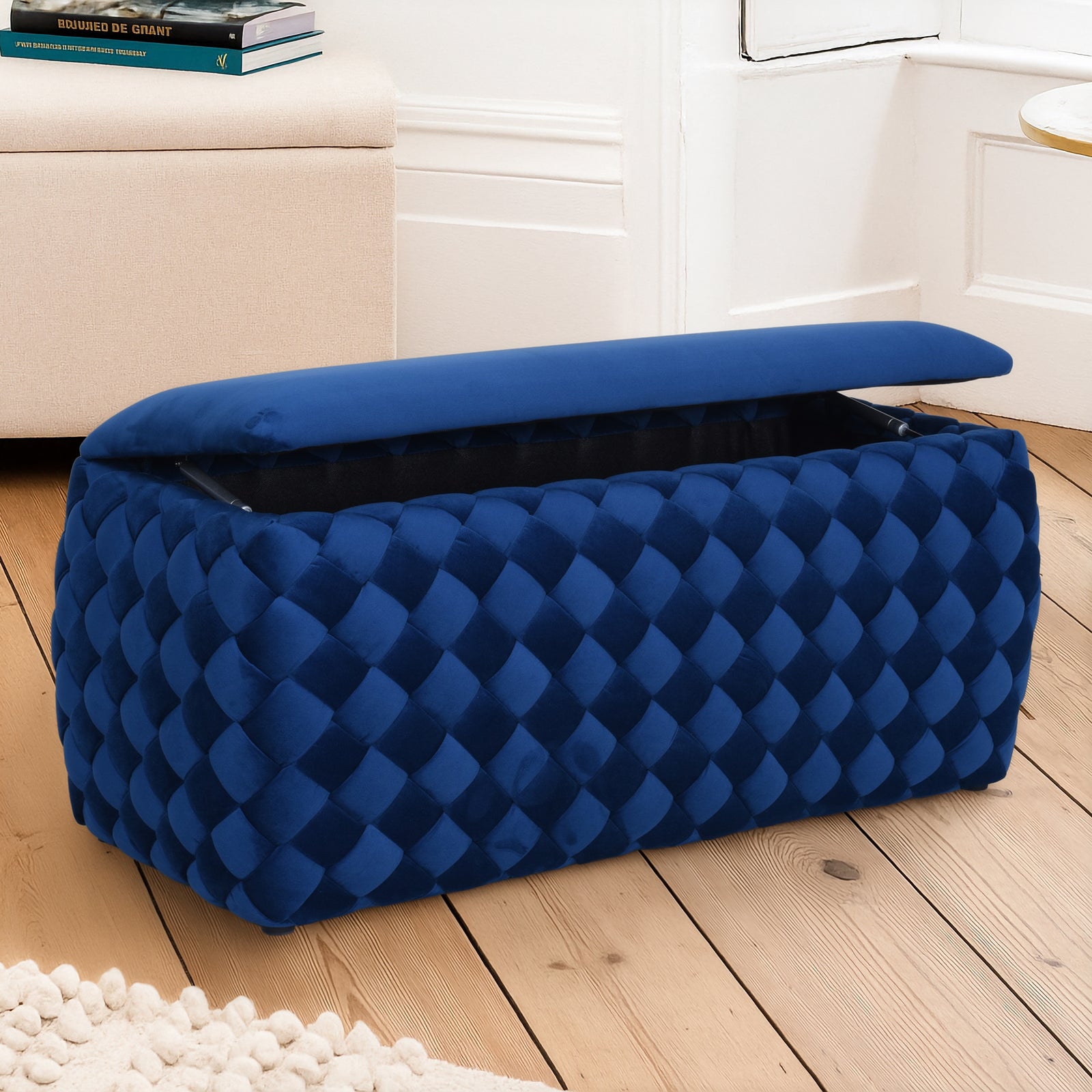 Plumeo Large Velvet Storage Ottoman | Dark Blue