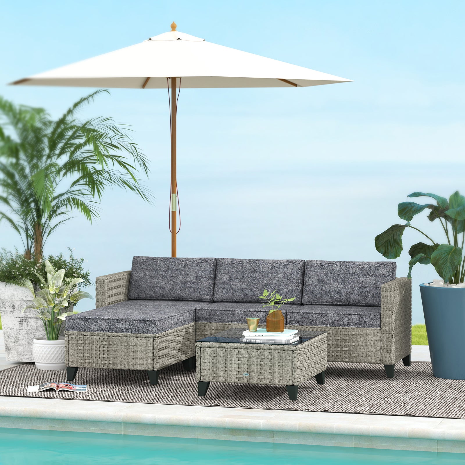 5 Pieces Rattan Garden Furniture Set W/ Corner Sofa, Table