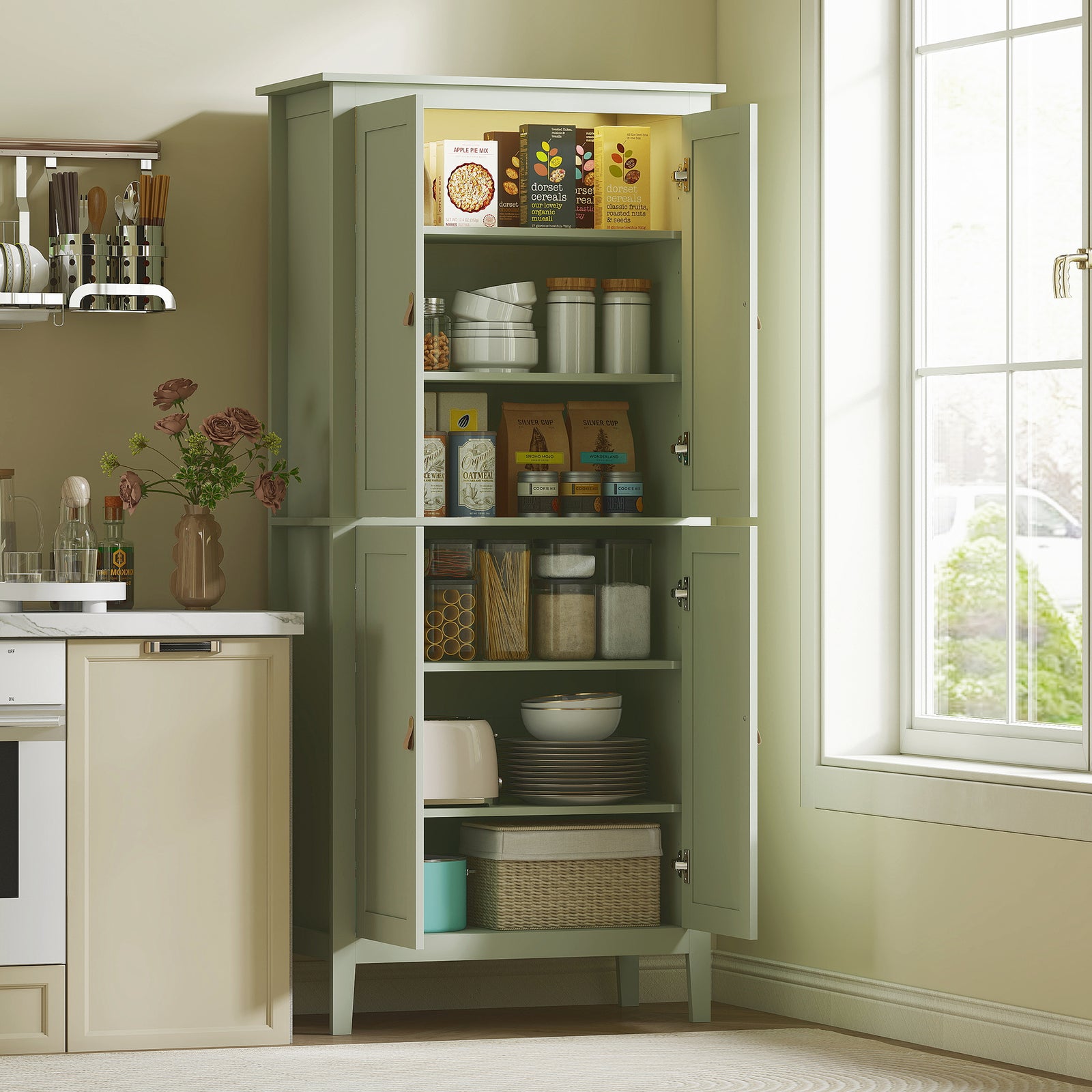 176.5 Cm Tall Freestanding Pantry Storage Cabinet With 4 Doors | Green