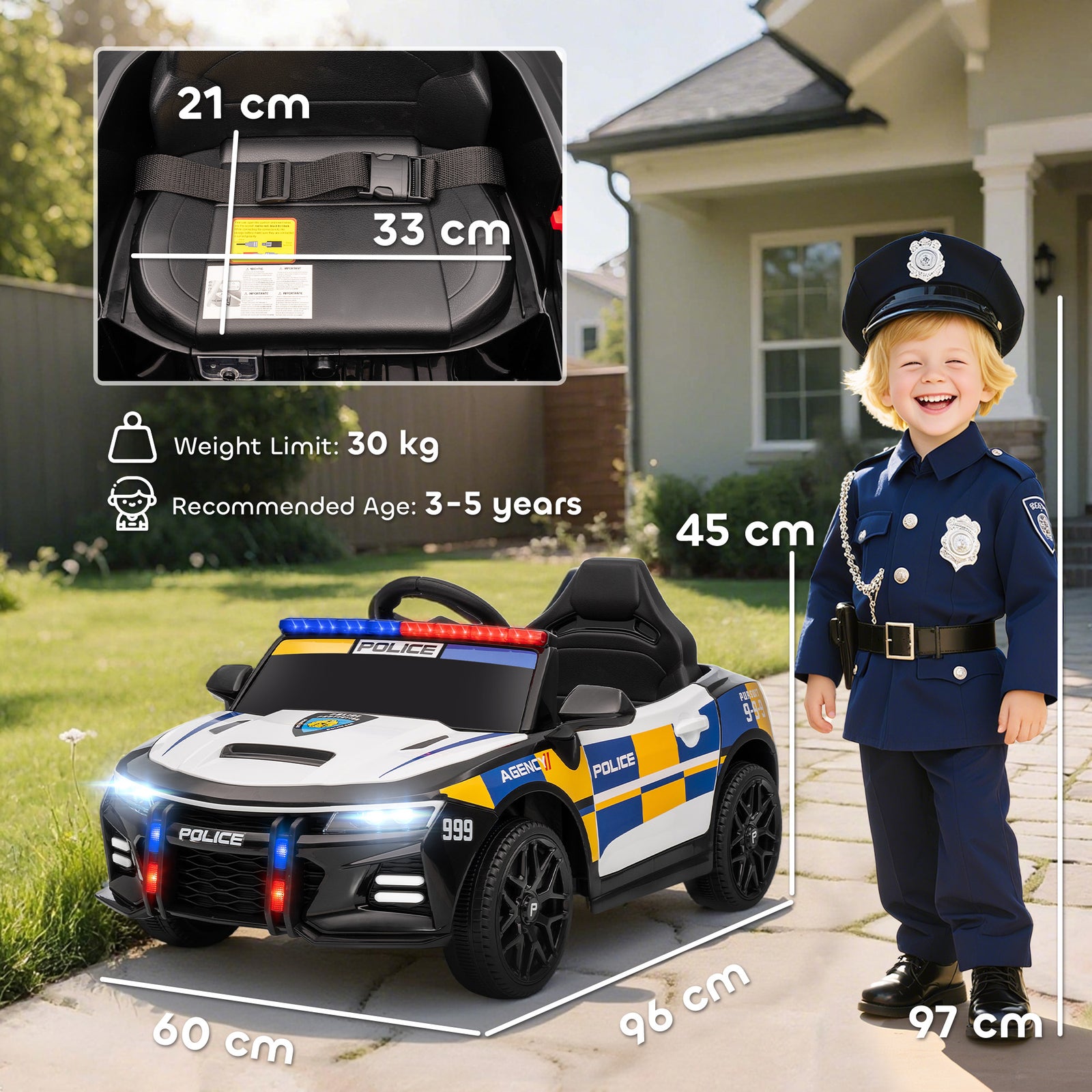 Kids Electric Ride Pm Police Car With Remote Control, Multicoloured