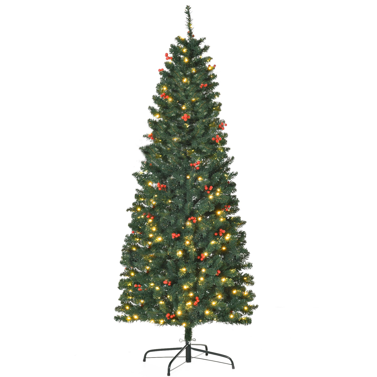 5/6/7ft Prelit Pencil Christmas Tree With Led And Berry | 6ft | Green