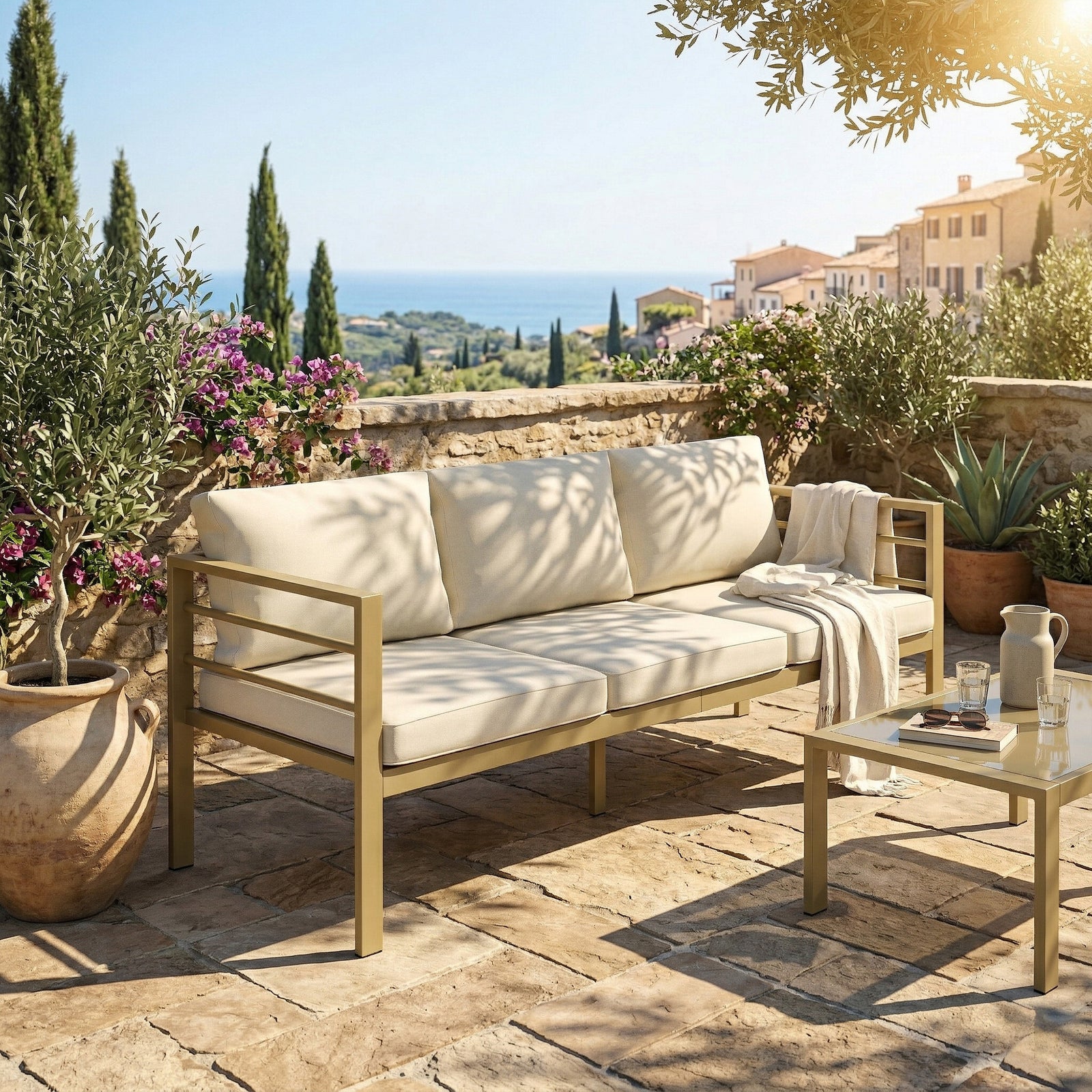 Garden Bench With Cushions, Outdoor Furniture | White