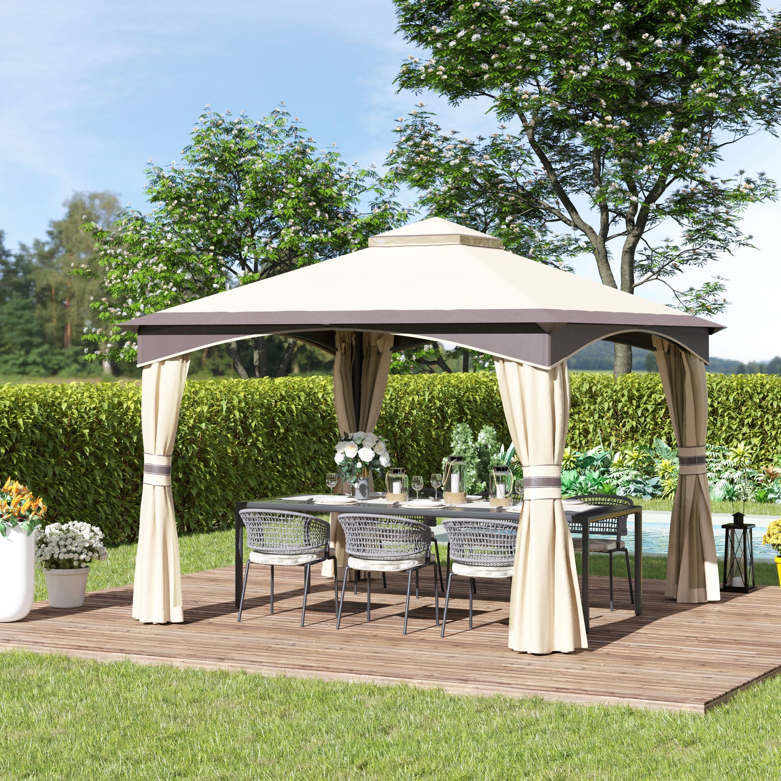 3.2x3.2m Gazebo, Double Roof, Netting, Steel Frame