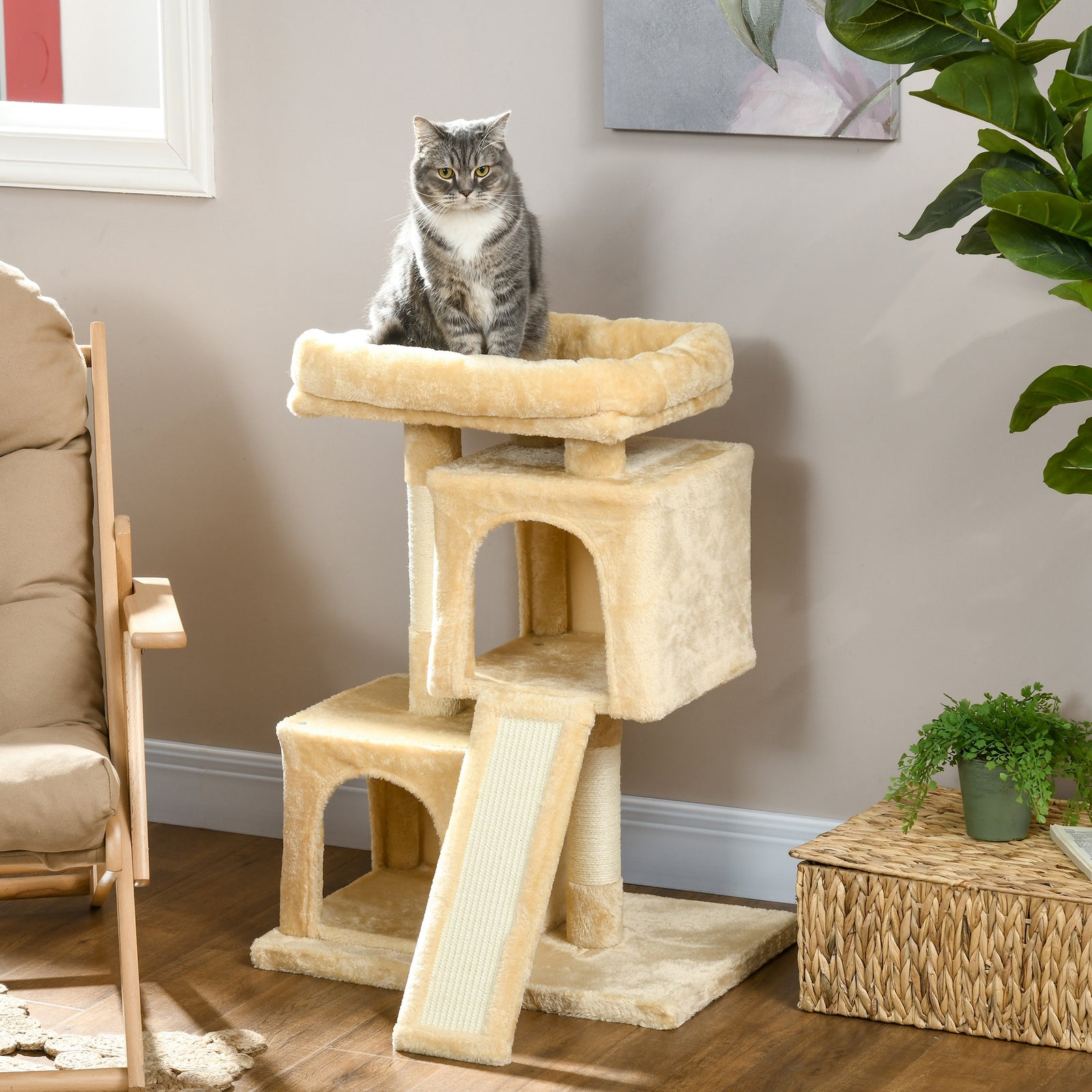 Cat Rest & Play Activity Tree W/ 2 House Perch Scratching Post | Cream