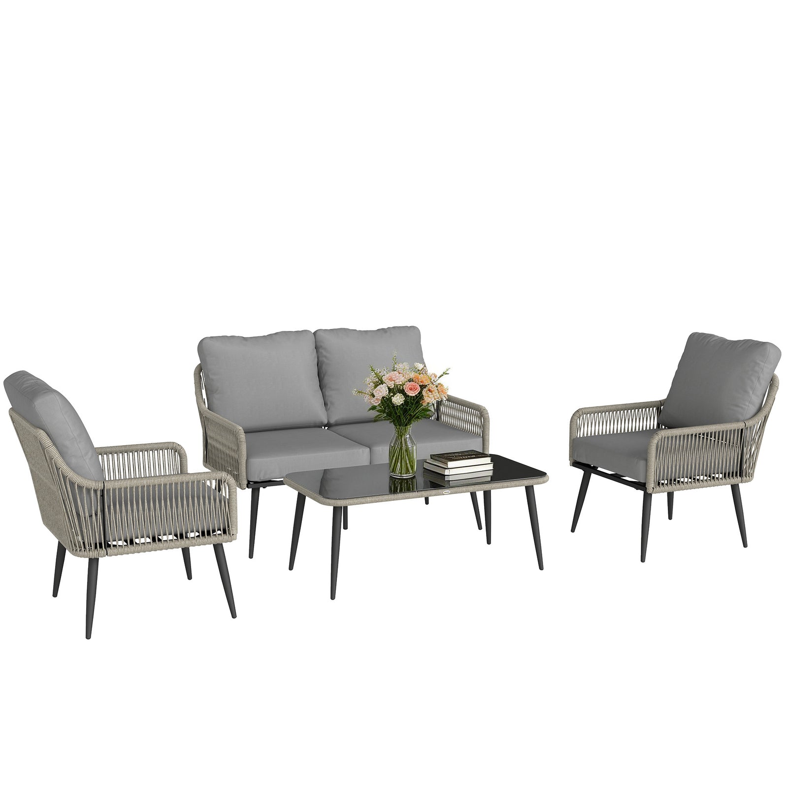 Rattan Garden Furniture Set, Tempered Glass With 3 Chairs | Light Grey