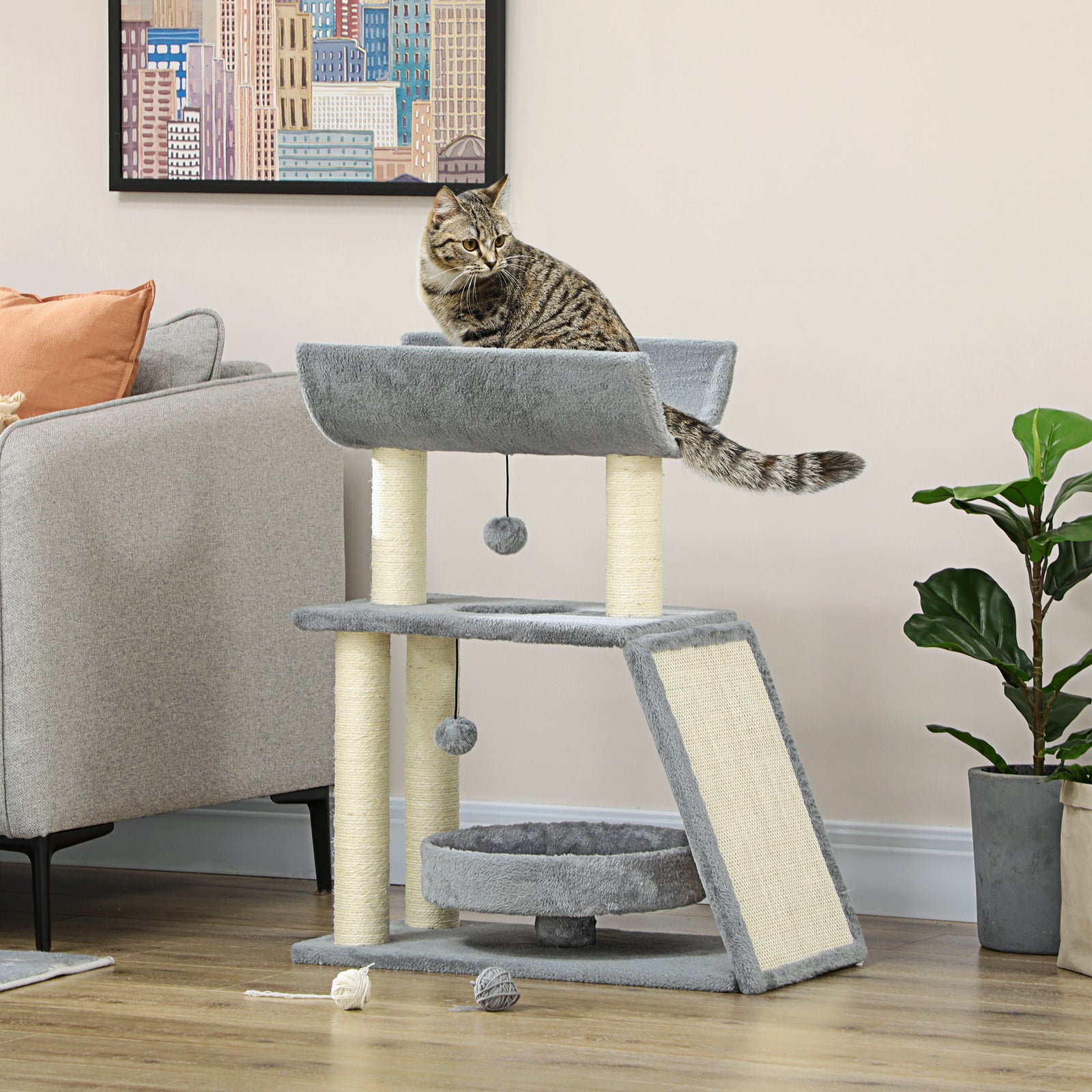 Cat Tree Kitten Tower W/ Scratching Post, Pad, Bed, Perch, Ball | Gray