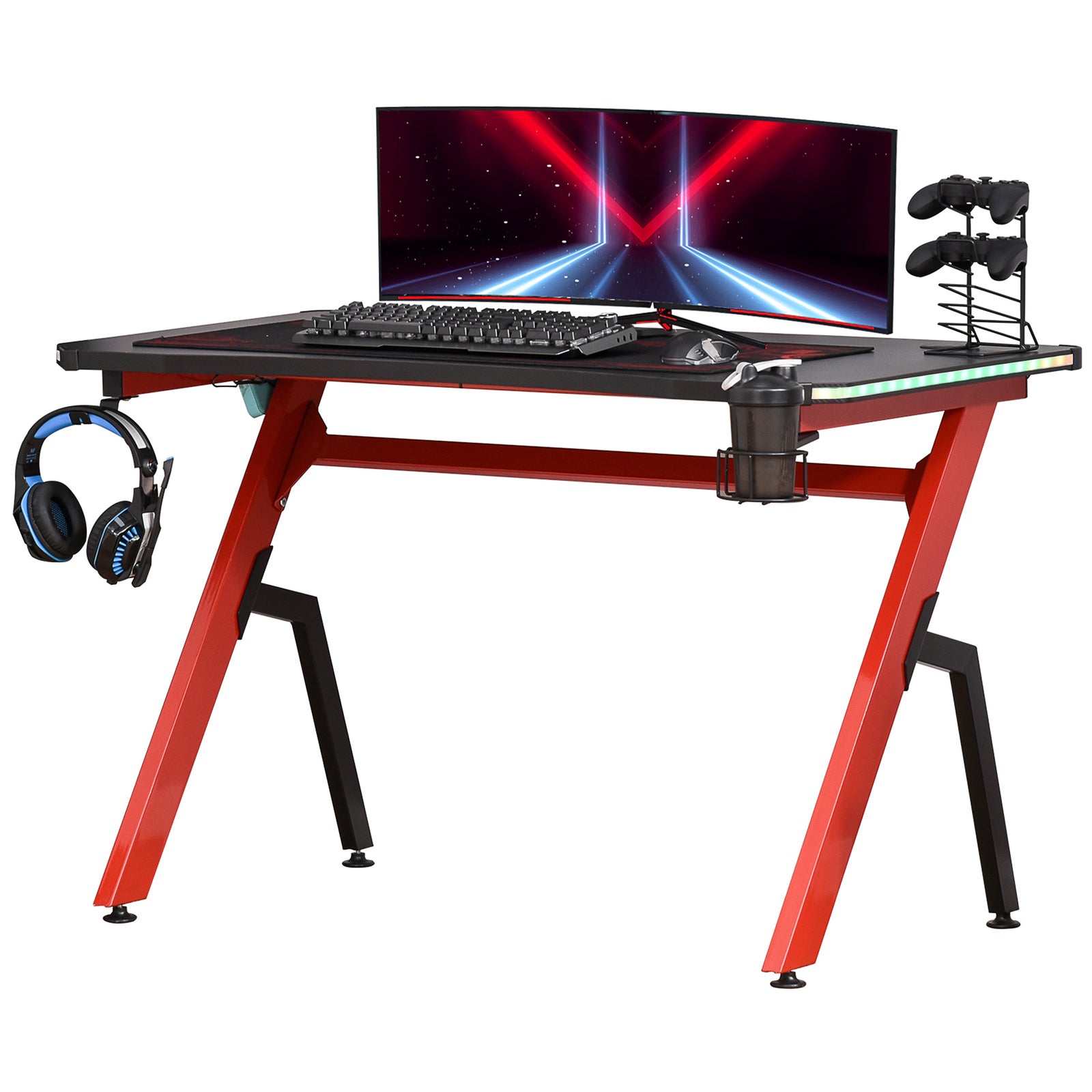 Ergonomic Gaming Desk With Hook Cup Holder Led | Red