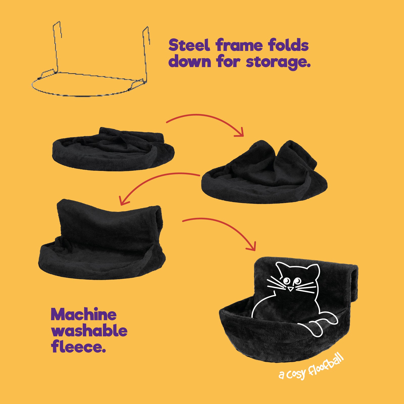 Black Radiator Cat Bed Round Fleece Basket With Foldable Iron Frame