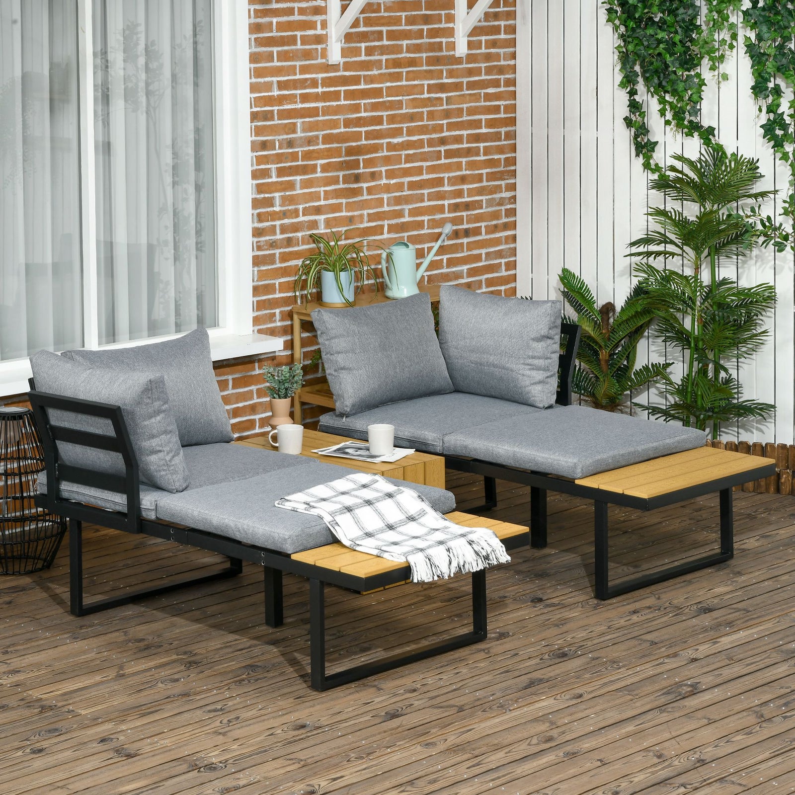 3pcs Patio Set W/ Cushions, Plastic Top Table