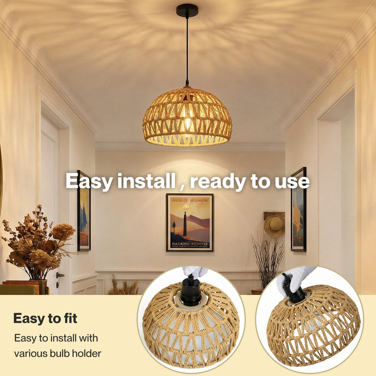 Emitto Rustic Ceiling Pendant Light Shade Hemp Rope Lamp Shade Boho Yellow 23cm