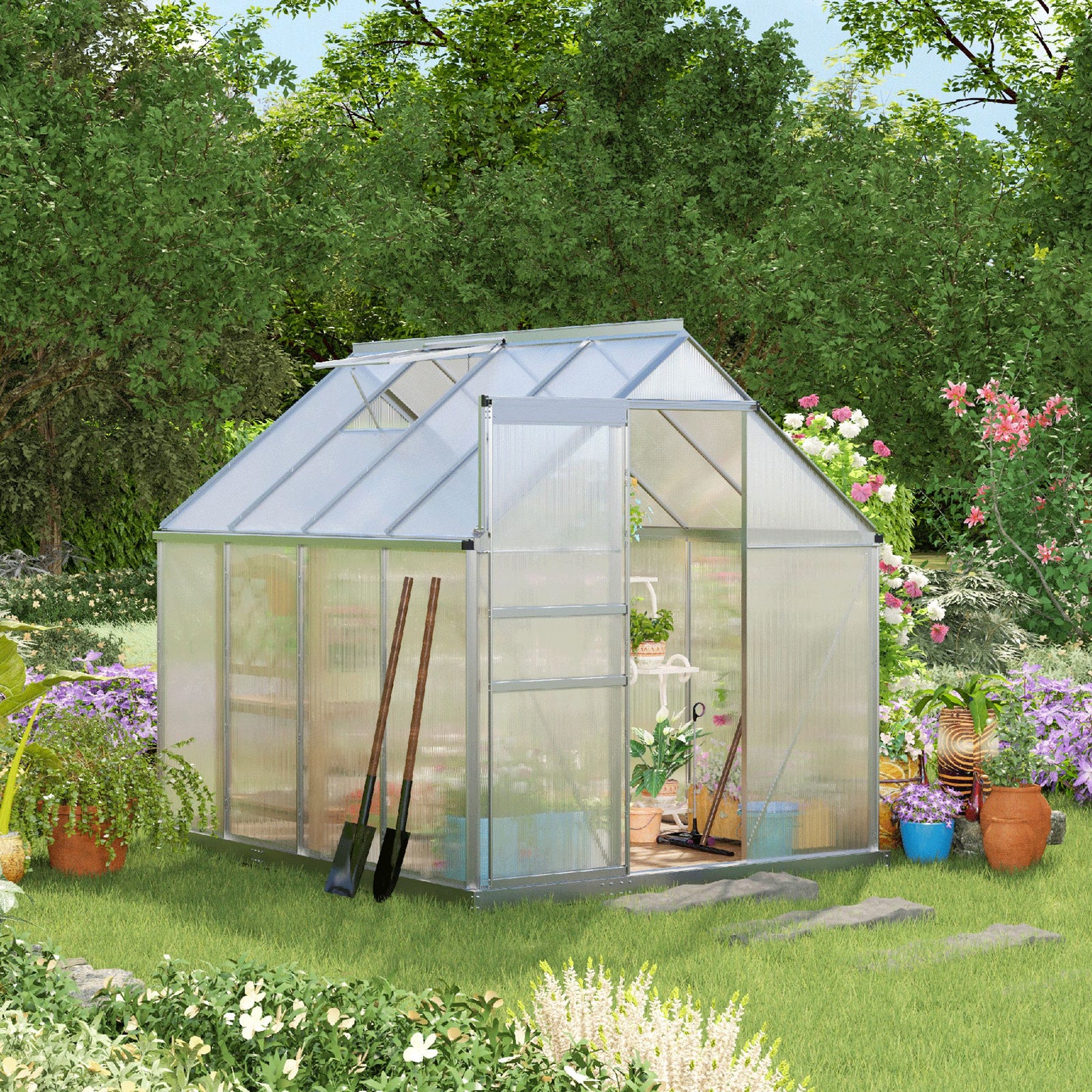 Polycarbonate Walk-in Garden Greenhouse W/ Sliding Door Tone