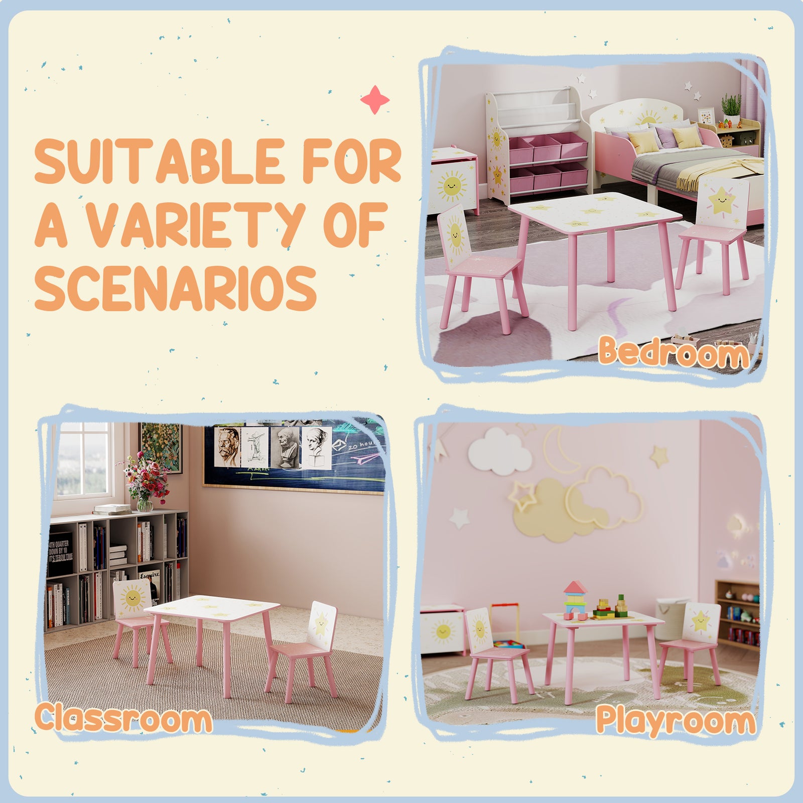 3-piece Kids Table With 2 Chairs Set For Bedroom, Nursery | Pink