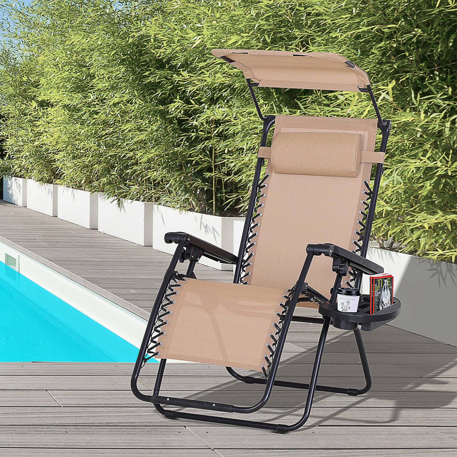 Zero Gravity Chair Adjustable Patio Lounge W/ Cup Holder | Beige