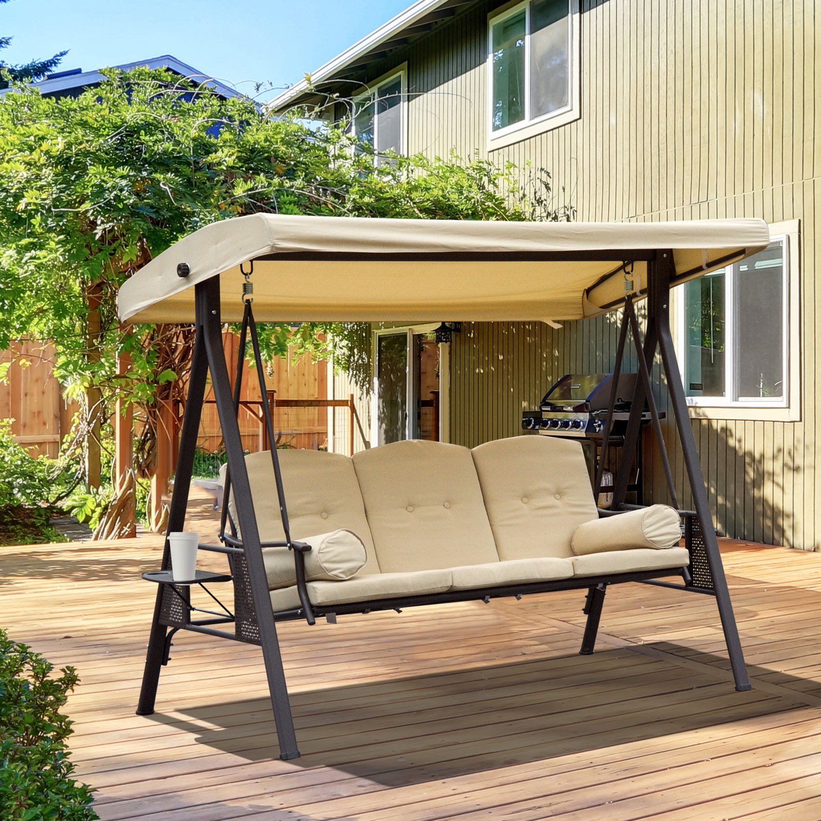 Outdoor 3 Seat Garden Swing Chair Steel Swing Hammock Bench | Beige