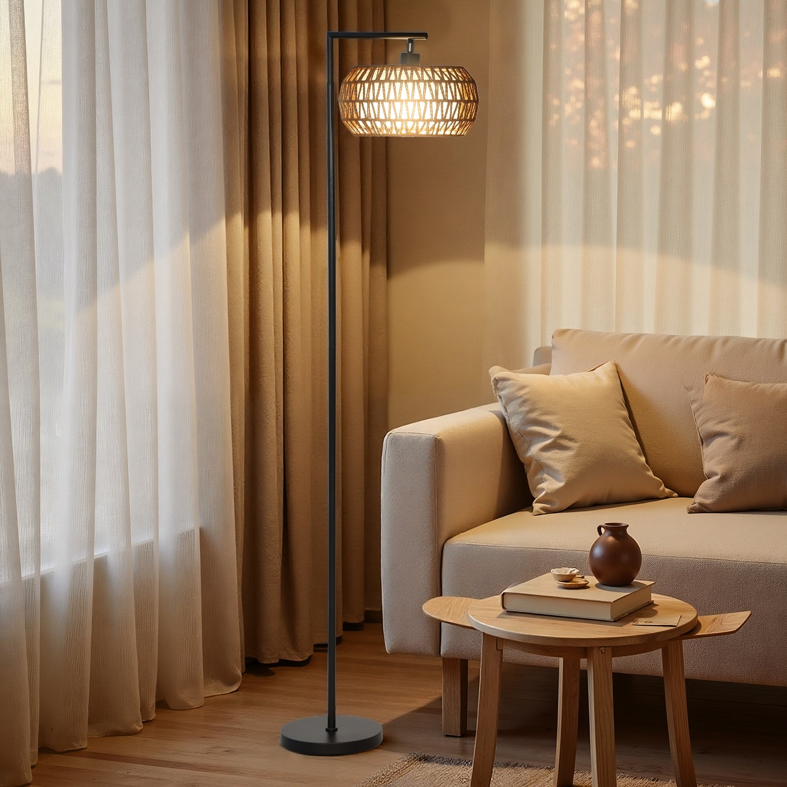 HOMCOM Dimmable Standing Lamp With Double Shade, Boho Floor Lamp, Black