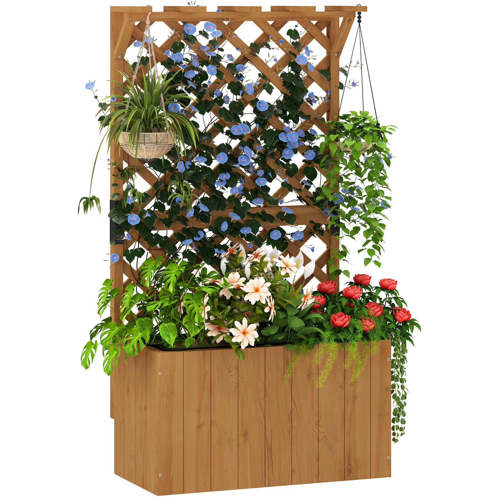 Wooden Planter W/ Trellis And Drainage Holes | Natural