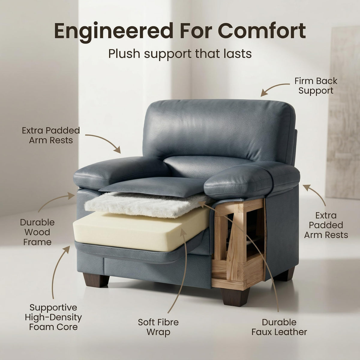 Oxford Faux Leather Sofa 1 Seater | Dark Grey