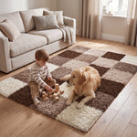 California Checked Shaggy Rug Deep Pile | 200cm x 290cm | Beige