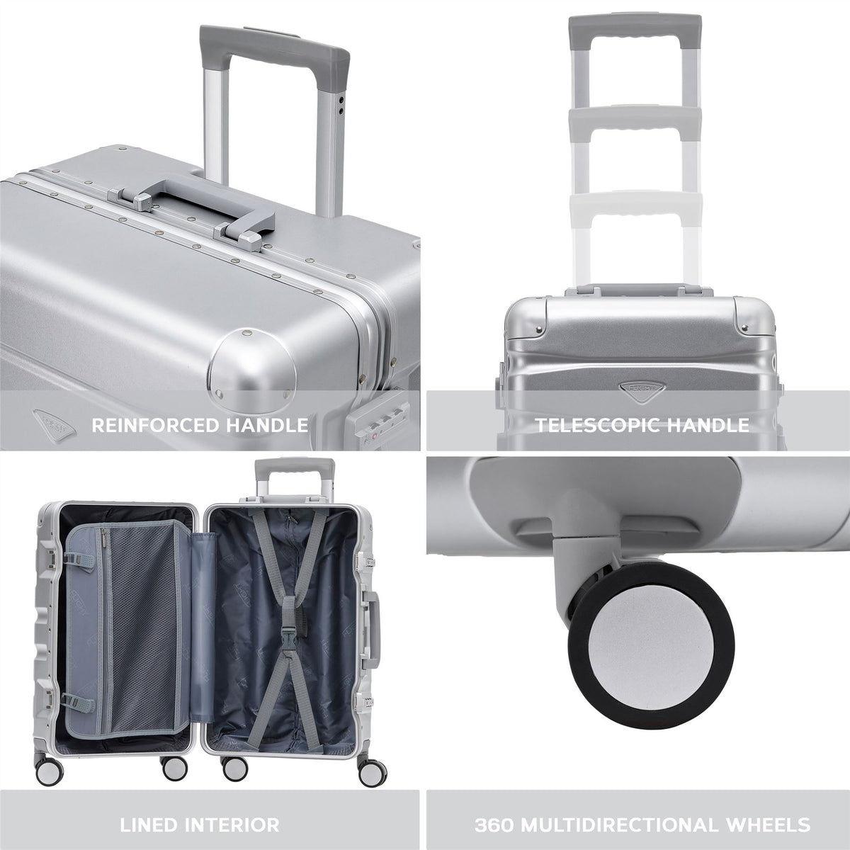 55x35x20cm Hard Shell Cabin Carry On Suitcase 100+ Airline Approved - Aluminium Frame/abs Hard Shell Outer Body | Set of 3 | Silver