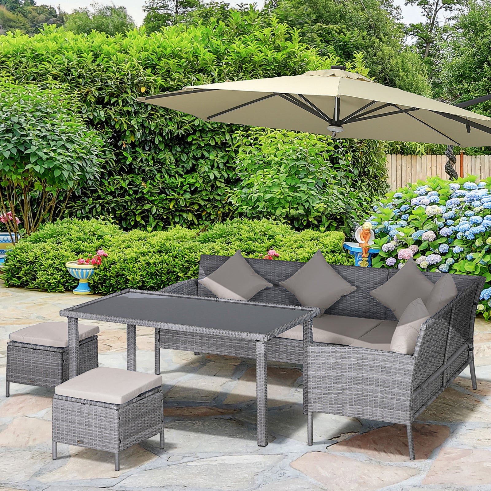5pcs Rattan Dining Set W/ Sofa Coffee Table Footstool