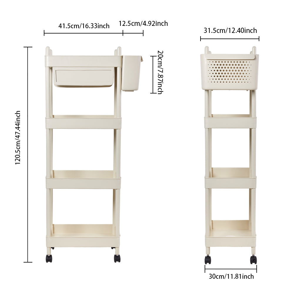 2/3/4-tier Rolling Storage Cart With Lockable Wheels Organizer Trolley With Hanging Baskets & Drawer | Large | Cream