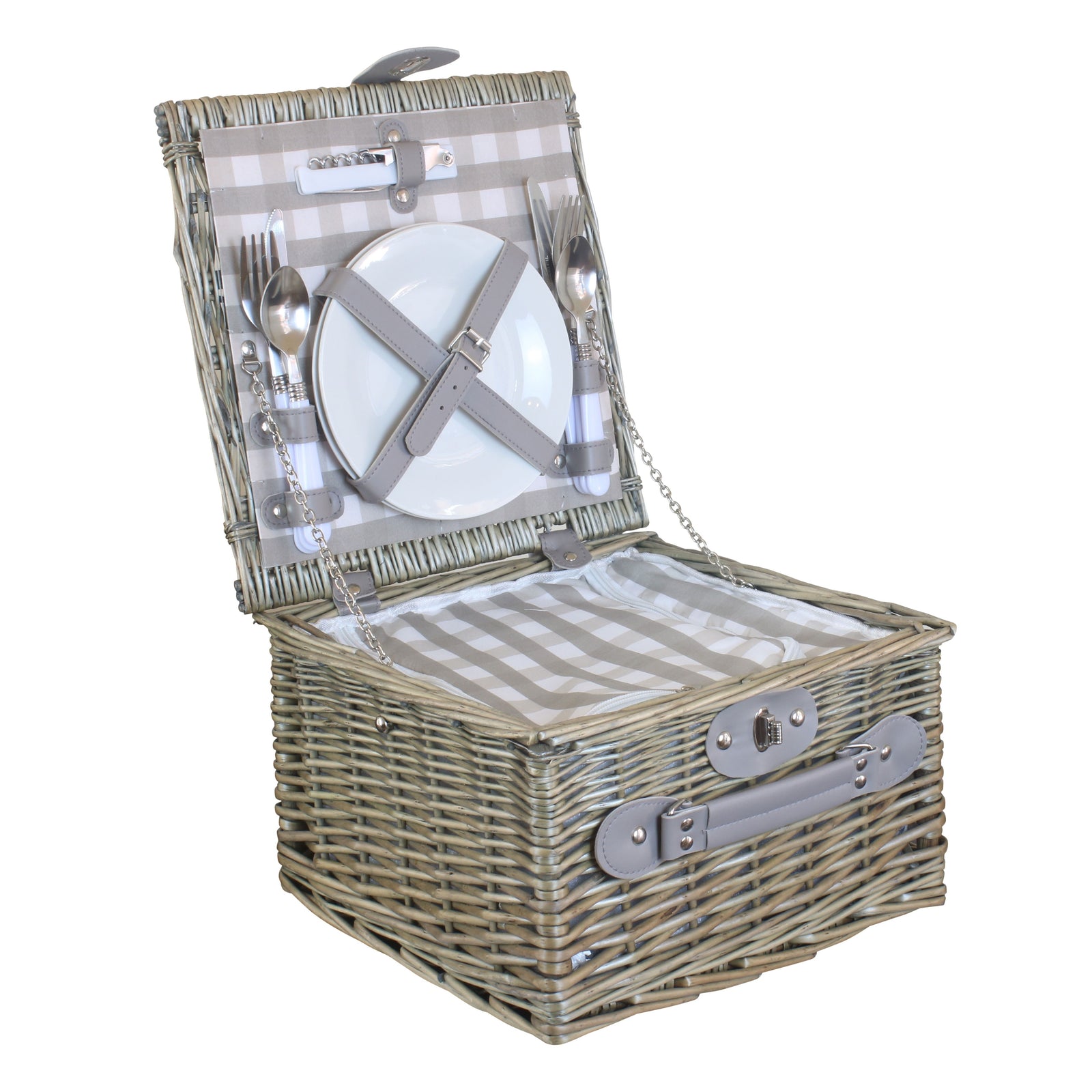 Grey Checked Picnic Wicker Basket With Cooler | 2-Person | Gray