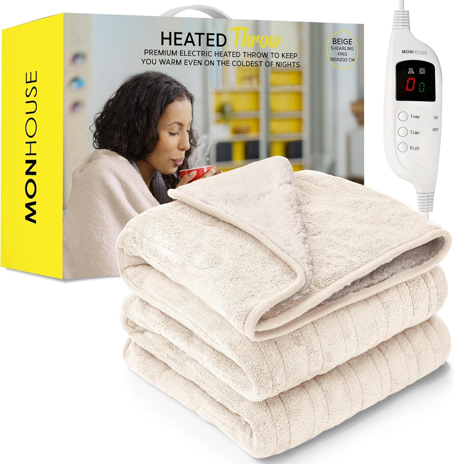 Heated Electric Throw 9h Timer 9 Heat Setting Shearling Fleece Blanket | King | Beige