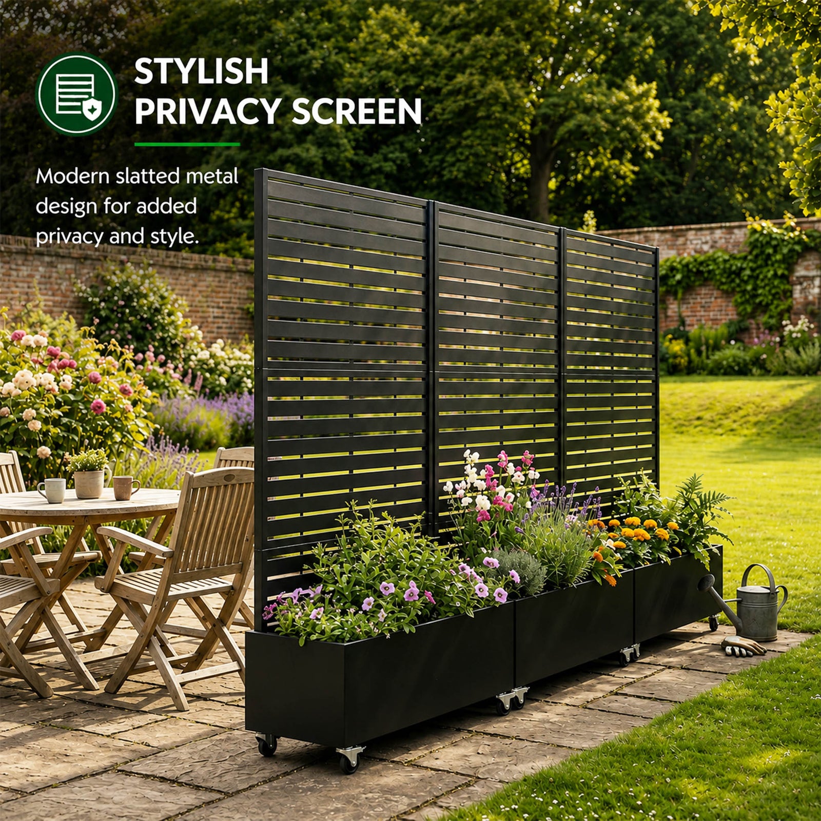 Metal Privacy Screen With Plant Pot - Slat | Black