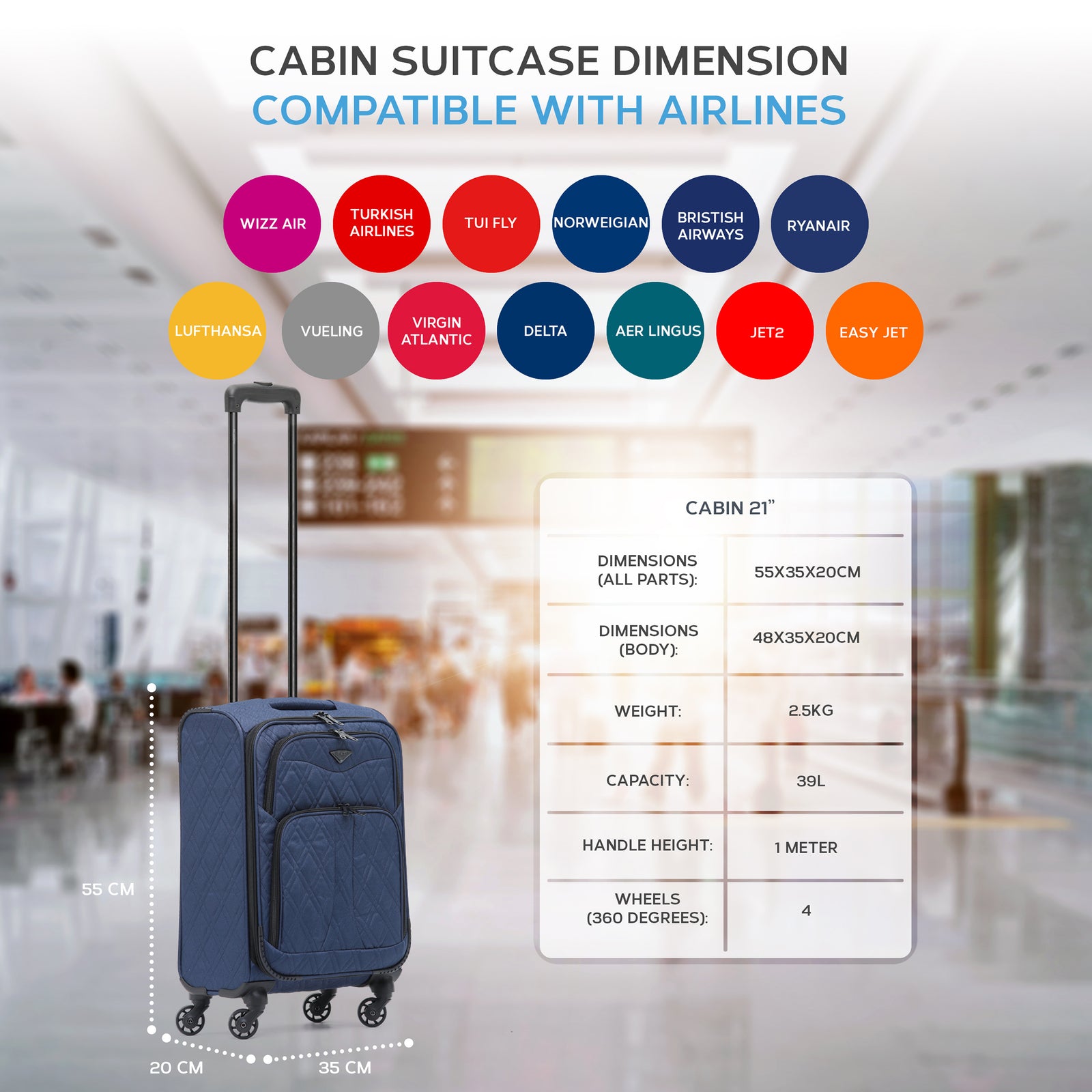 55x35x20cm Lightweight 4 Wheel 800d Soft Case Quilted Suitcases Set Of 3 Anti Crack - Cabin & Hold Luggage 100+ Airlines Approved | Cabin | Navy Blue