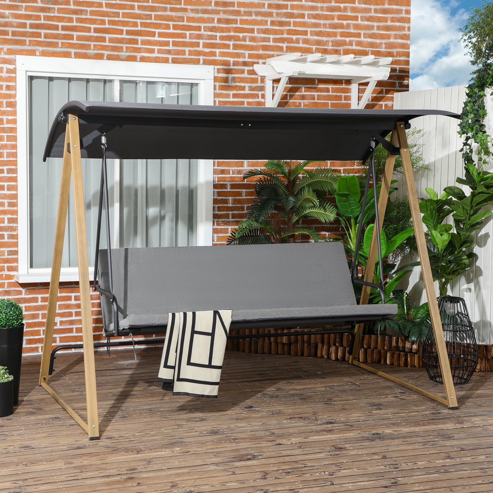 3 Seater Garden Swing Bench W/ Canopy And Cushioned Seat
