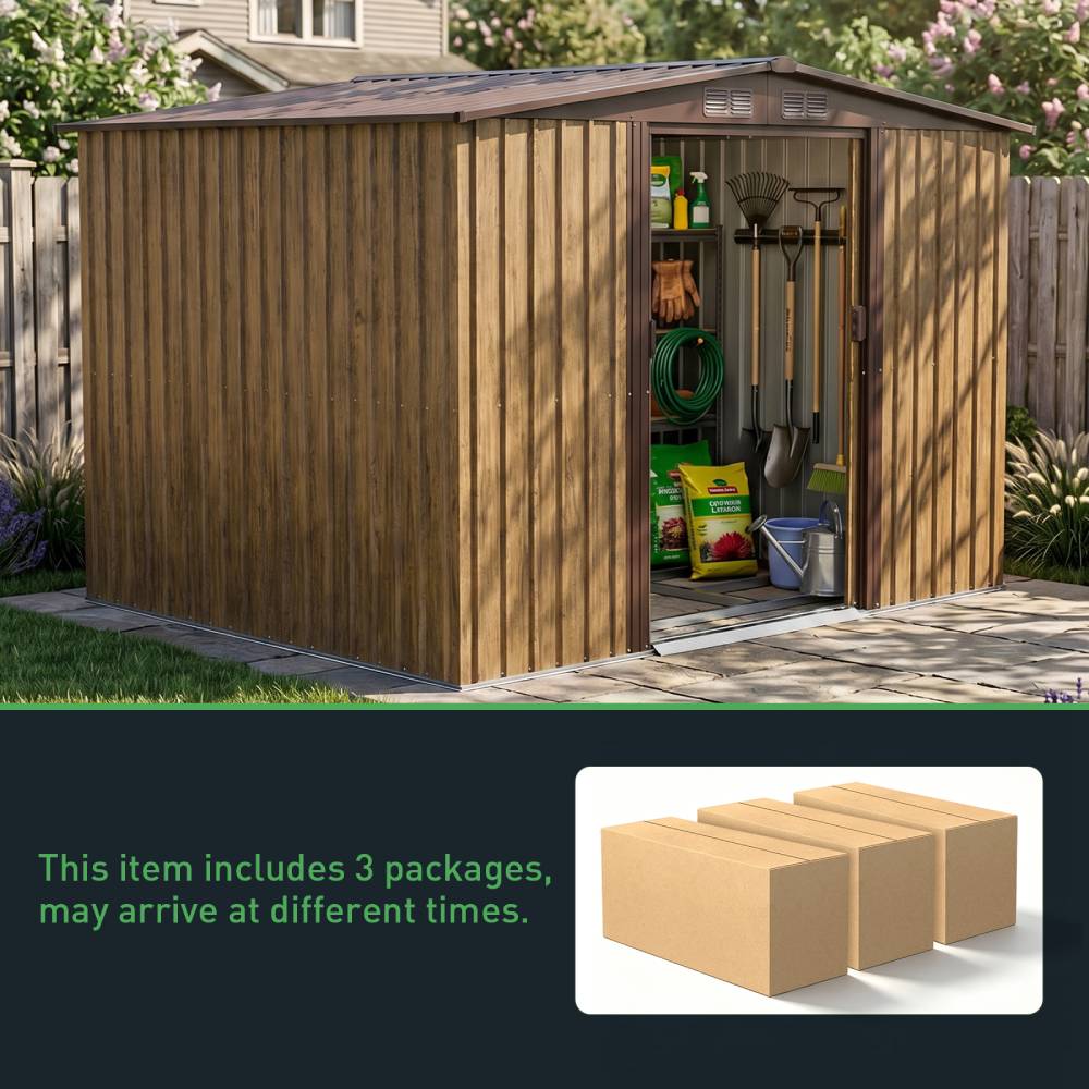 6 x 8ft Metal Apex Roof Garden Shed with Foundation, 3D Brown Wood Grain, Double Sliding Doors & 4 Air Vents
