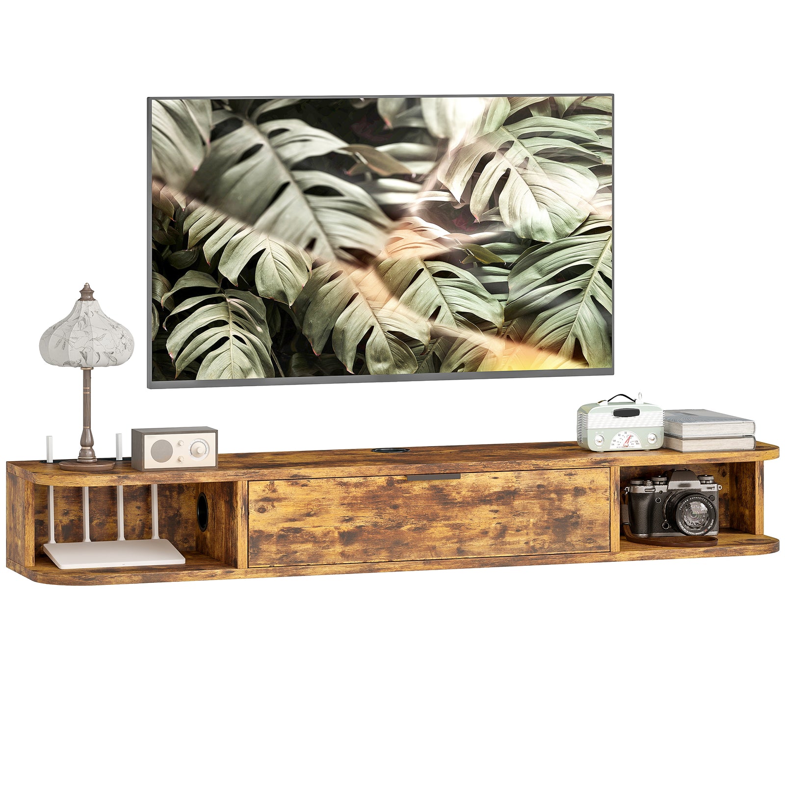 120 Cm Floating Tv Unit With Flip Drawer And Shelves | Rustic Brown