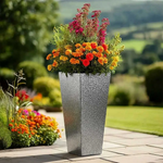 Zinc Galvanised Tall Flared Tapered Square Planter | 30cm x 30cm x 70cm | Silver Black
