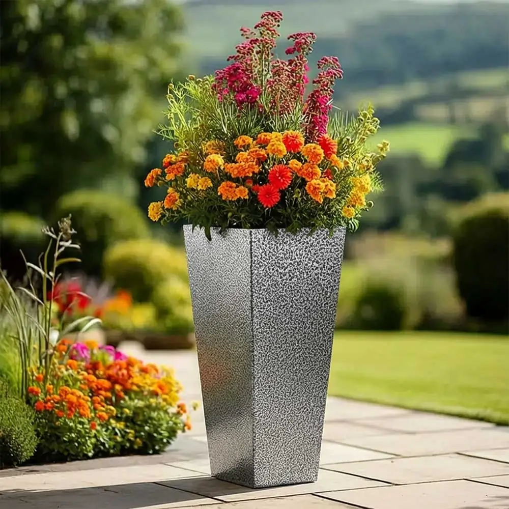 Zinc Galvanised Tall Flared Tapered Square Planter | 30cm x 30cm x 70cm | Silver Black